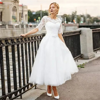Customized Elegant Midi Wedding Dresses White Lace Appliques Tea Length Bridal Gowns A-line Scoop Neck Half Sleeves Bride Dress