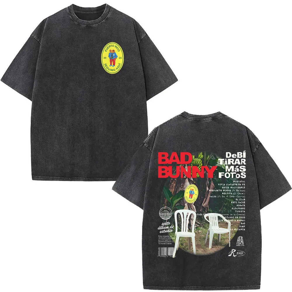 Rapper Bad Bunny Washed Vintage T-shirt Debi Tirar Mas Fotos DTMF World Tour 2026 T Shirts Men Women Fashion Hip Hop T-shirts