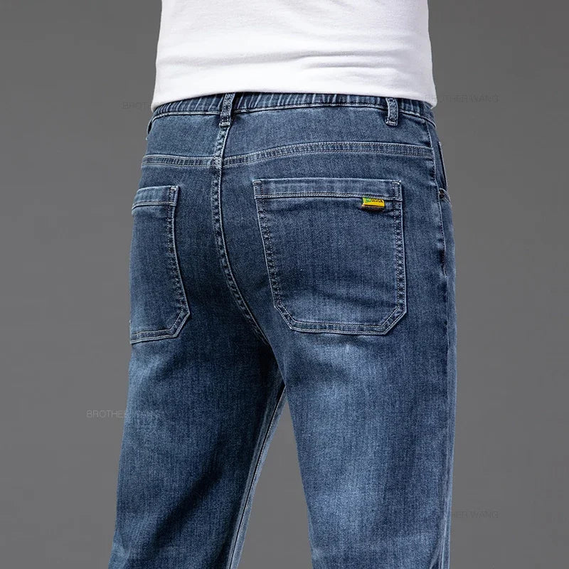 Spring Summer Thin Men's Classic Jeans Elastic Loose Straight Cotton Casual Denim Trousers Brand Clothing Business Male Pants