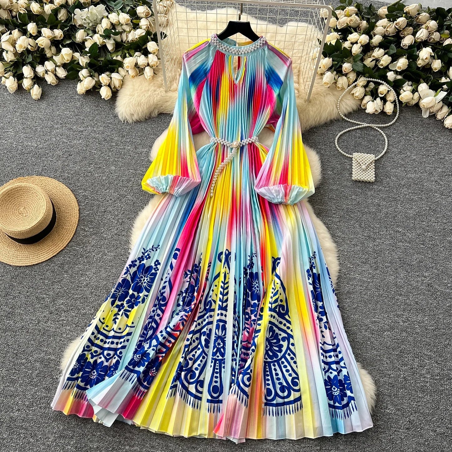Ele High-End Women's Dr Faionable Beaded round Ne Hollow out Pleated Lantern Sve Waist Cinched Floral Print Lon...