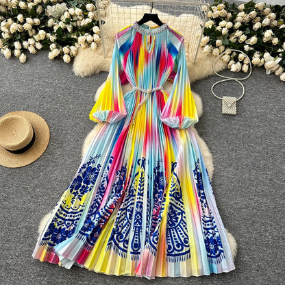 Ele High-End Women's Dr Faionable Beaded round Ne Hollow out Pleated Lantern Sve Waist Cinched Floral Print Lon...