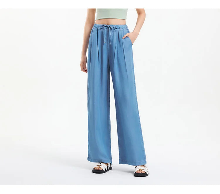 Elastic Waist Denim Pants Women Draped Fit 2025 Summer New Cooling Wide Leg Trousers