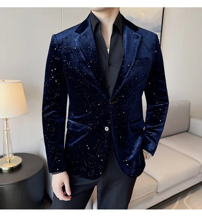 High Quality Velvet Bronzing Suit Coats Mens Sparkle Elegant Slim Business Suits Jacket Homme Formal Social Prom Party Tuxedos