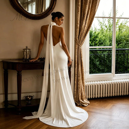 Halter Neck Satin Mermaid Wedding Dress Deep V Neck Backless Bridal Gown Long Ribbon Civil Wedding Reception Dress Customized