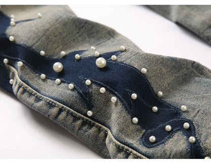 Men's Pearl Boot Cut Denim Jeans Embroidery Patch Slim Flared Pants Casual Streetwear Vintage Blue Trousers