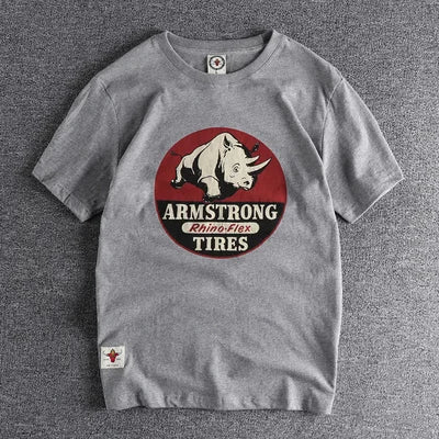 Summer New American Retro Short-sleeved O-neck Rhino Printed T-shirt Men's Fashion Simple 100% Cotton Washed Casual Sport Tops