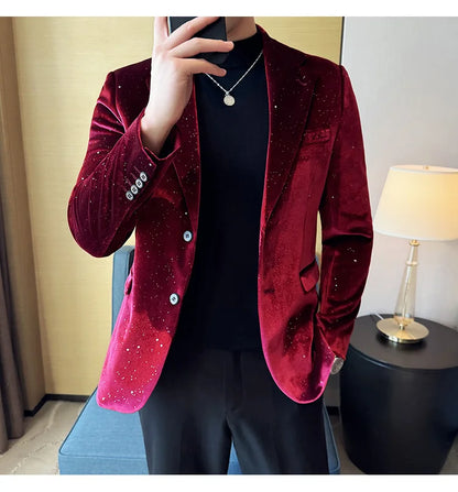 High Quality Velvet Bronzing Suit Coats Mens Sparkle Elegant Slim Business Suits Jacket Homme Formal Social Prom Party Tuxedos