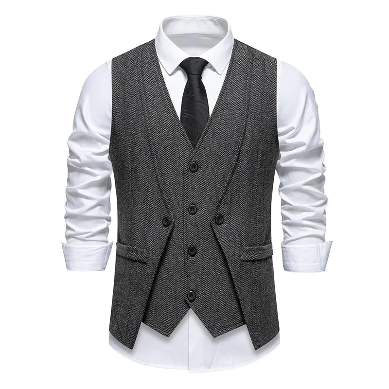 Waistcoat Man British Style Turn Down Collar Men Vest Slim Solid Double-breasted Sleeveless Versatile Male Suit Vest