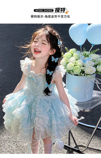 Baby Girls Sweet Sleeveless Lolita Princess Dress New 2026 Summer Childrens Elegant Lace Trim Tulle Bow Train Performance Gown