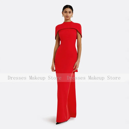 Customized Evening Dress Beige Cape O Neck Floor Length Column Evening Gowns for Women Draped Back Split Black Formal Party Gown