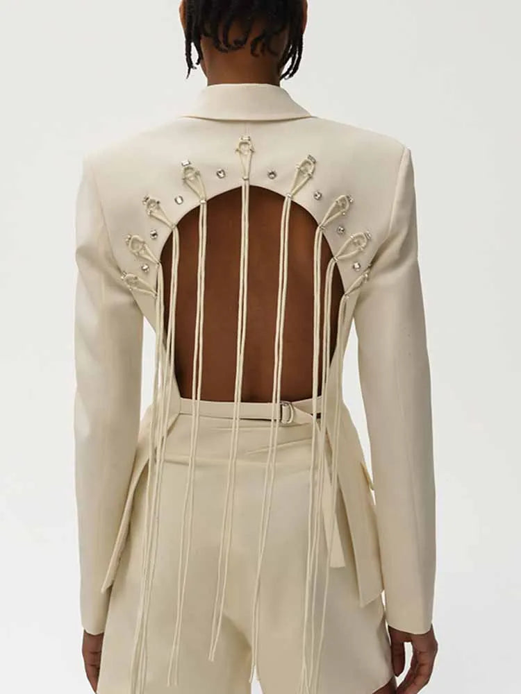 Patchwork Diamonds Backless Blazer For Women Notched Collar Long Sleeve Spliced Button Chic Blazers Female Style