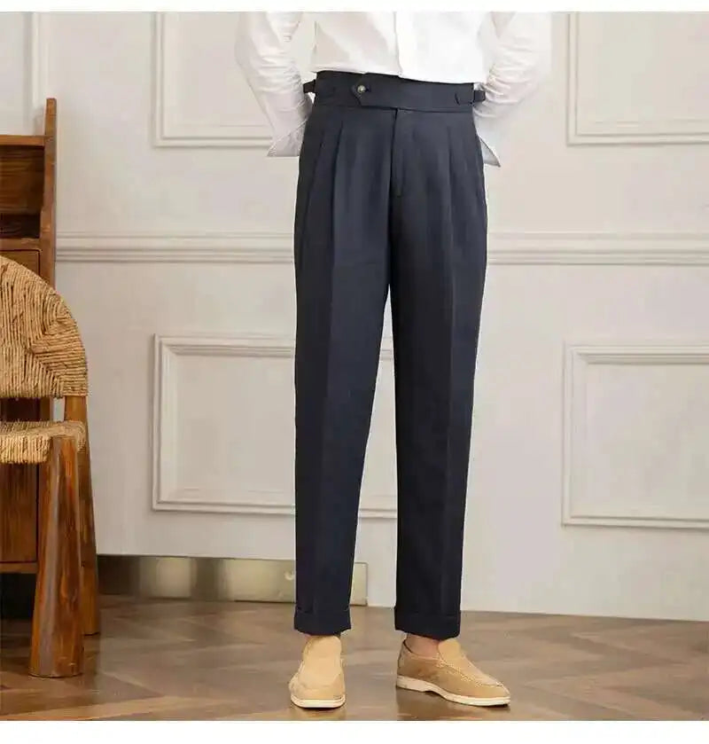 Linen Cotton High Waist Straight Casual Pants Men Versatile Naples Gentleman Pleated Pants High Quality Italian Dress Trousers