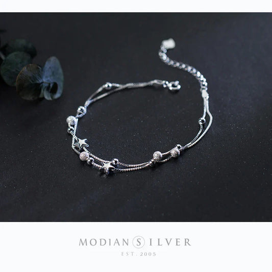 Nouveau Bracelet double couche en argent sterling 925 avec perles et étoiles pour femmes, Bracelet à breloques, bijoux fins originaux pour fiançailles