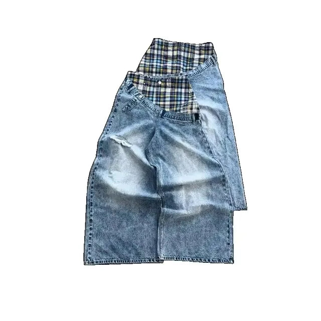 Mens Jeans Vintage Plaid Patchwork Denim Pants Harajuku Unisex Loose Fit Wide Leg Floor Length Hip Hop Streetwear Fashion Trend