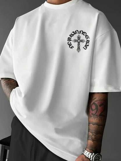 Men's Gothic Streetwear T-Shirt Ornate Cross & Circle Script Graphic Print Crew Neck Short Sleeve Polyester Tops S-XXL