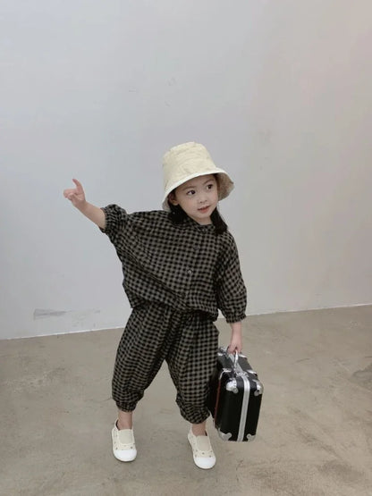 Kid Girls Korean Style Cotton Linen Suits Spring Autumn 2026 New Summer Baby Girl Fashion Casual Plaid 7-point Sleeve 2pcs Sets