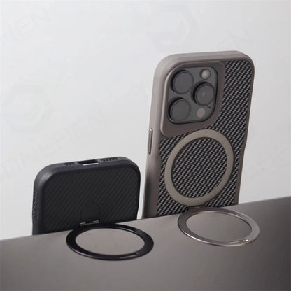 Luxury For Magsafe Shockproof Frame Armor Case For iPhone 13 15 12 14 16 17 Pro Max Metal Bracket Carbon Fiber Pattern Cover