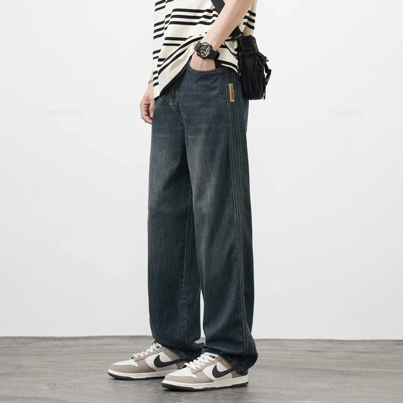 Spring Autumn High Quality Soft Lyocell Fabric Jeans Men Loose Wide Leg Pants Elastic Waist Casual Trousers Plus Size 28-40
