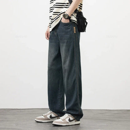Spring Autumn High Quality Soft Lyocell Fabric Jeans Men Loose Wide Leg Pants Elastic Waist Casual Trousers Plus Size 28-40