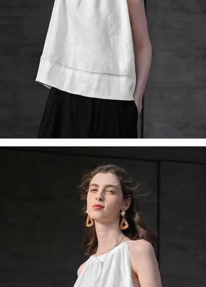 100% Linen Halter Tops Women 2026 Summer New Round Neck Sleeveless Tank Top French Office Ladies Loose Camisoles