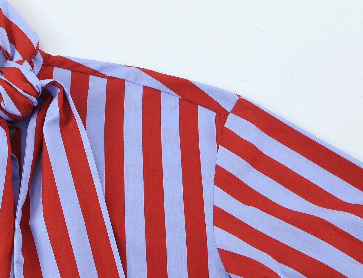 2026 New Women's Striped Shirt With Bow Tie Long Sleeve Loose Casual Blouse Female Fashion Tops