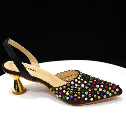 2023 New INS High-Heeled Pointed Toe Wedding Shoes Colorful Full Diamond Design Shoe and Bag Set for Nigeria Party