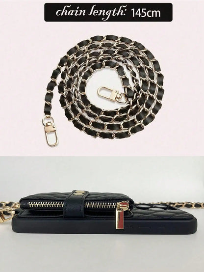 Lingge Double Button Fragrant Wind Phone Case, Change Card Bag, Quilted Leather Cover, Suitable for Apple 17/16/15/14/13/12/11