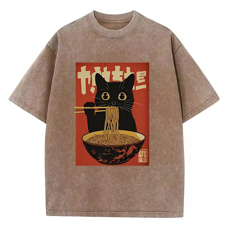 T Shirt Vintage Washed 100% Cotton T-Shirt Black Retro Cat Eating Ramen Graphic Tee Casual Streetwear for Spring Summer Fall