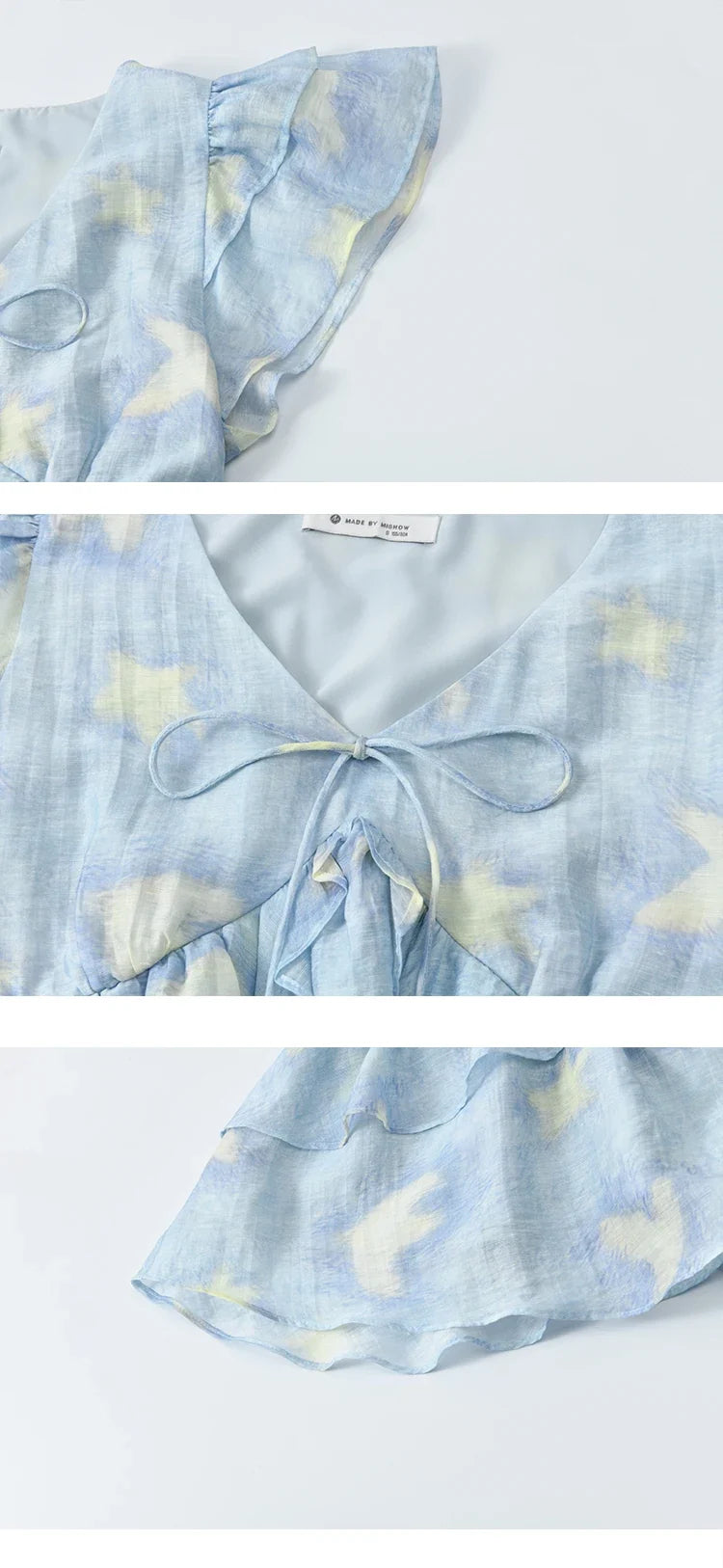 Blue Double-layer Ruffled Linen V-neck Blouse for Women Summer 2025 Slim Flying Sleeve Breathable Lace-up Tops MXE33X1819