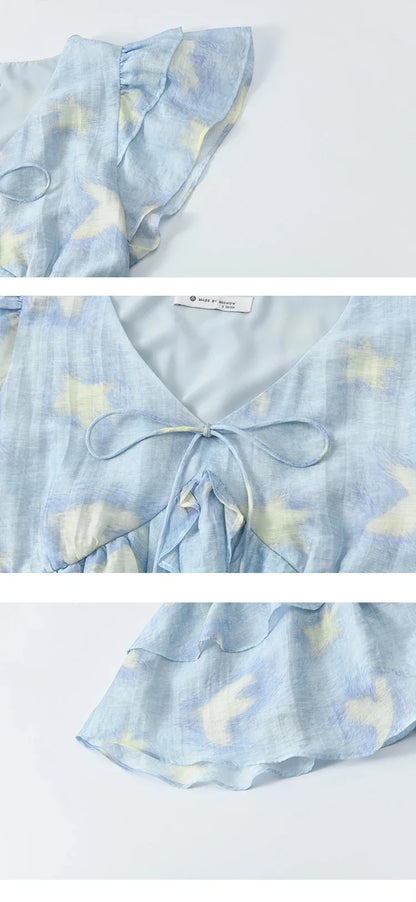 Blue Double-layer Ruffled Linen V-neck Blouse for Women Summer 2025 Slim Flying Sleeve Breathable Lace-up Tops MXE33X1819