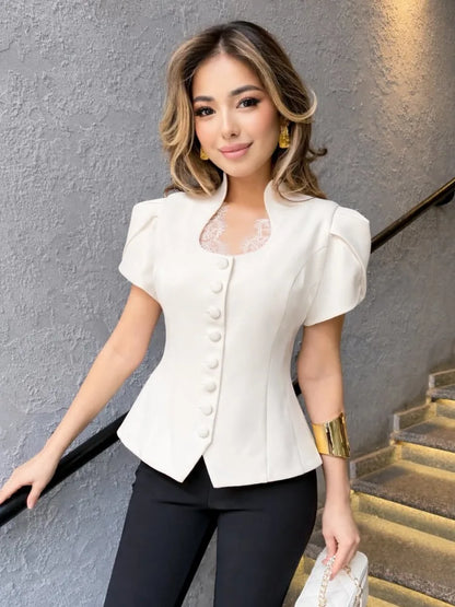 Women 2026 Spring Summer Lace Detail Blouse Stand Collar Puff Short Sleeve Fitted Waist Button Front Elegant Office Blazer