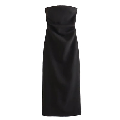 Women Fashion Summer New Sexy Split Back Zip Pleated Sleeveless Strapless Dress Chic Female French Elegant Evening