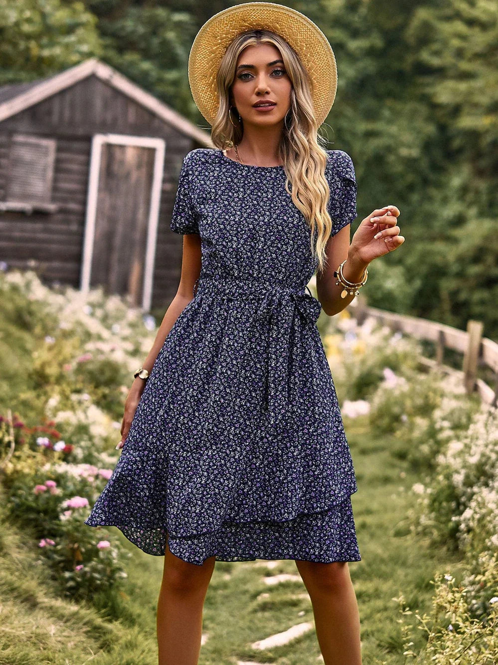 Summer O Neck Casual Printd Women Strap High Waist Pleated Floral Dress