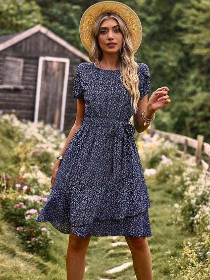 Summer O Neck Casual Printd Women Strap High Waist Pleated Floral Dress