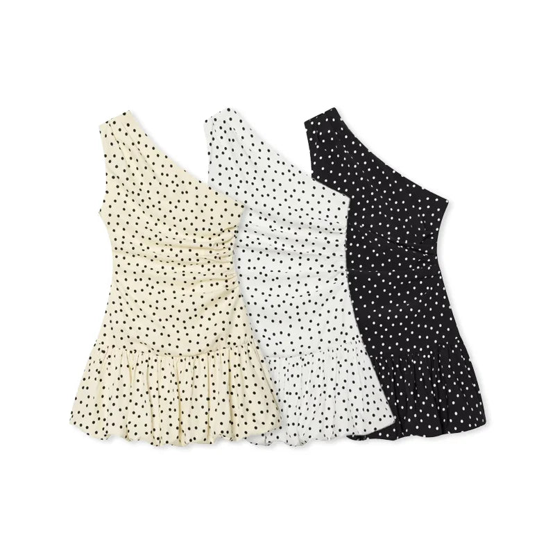 Women One Shoulder Sleeveless Polka Dot Mini Dress Ruched Waist Ruffle Hem Elegant Casual Party Short Dress Spring Summer