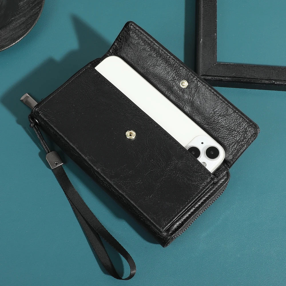 Classic Men's Double Layer Faux Leather Wallet with Snap Closure Zippered Card Holder And Photo Compartment Color Block Design
