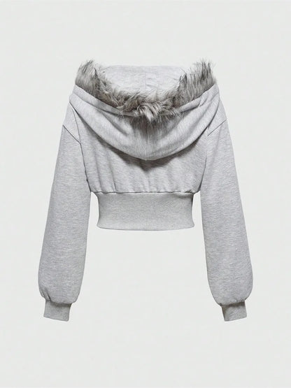 Winter Warm Gothic Print Hoodie Women's Clothin Faux Fur Crop Top Zip-Up Sweatshirt Fashion Y2K Streetwear Hooded Jacket 2026New