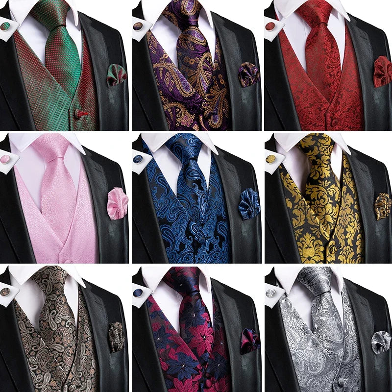 Adult Men's Vest for Suit Luxury Paisley Floral Plaid Suit Vest and Tie Set Blue Gold Red Sliver Wedding Vest Men