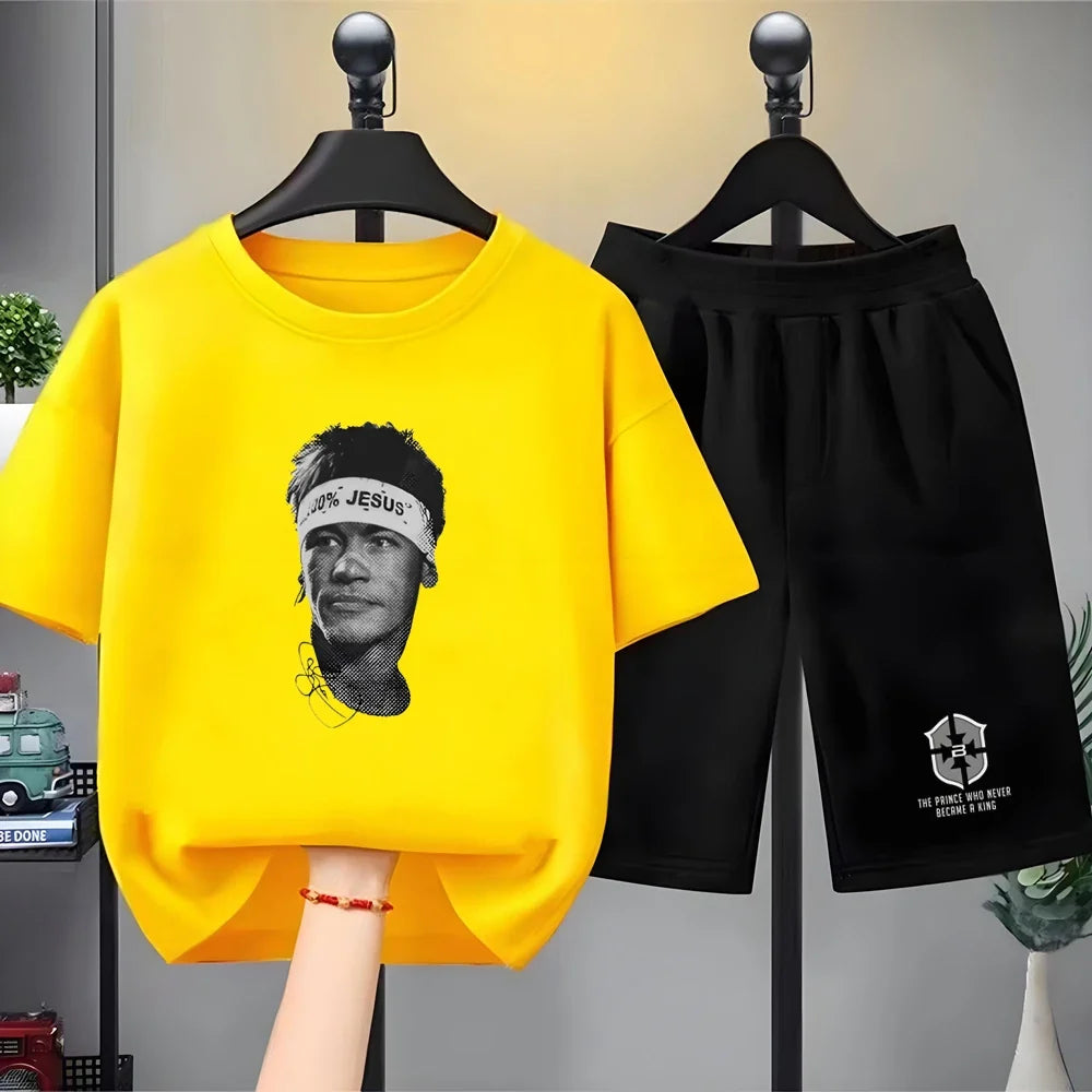 Children Neymar's avatar T-shirt+Shorts black Boys Girls Toddler 3-12Yrs Sports Set Summe cool Short-sleeved white Clothing