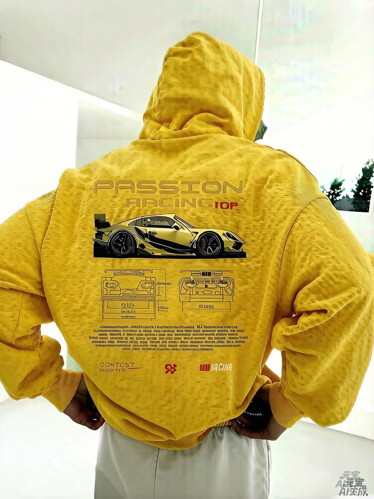 2025 Popular Digital Pattern Men's Hooded Sweatshirt Car-Themed Design American-Style Casual Sports Long-Sleeved Shirt