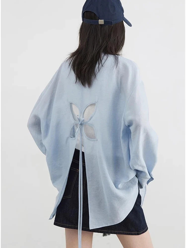 Women Long Sleeve Shirts Solid Loose Casual New Style Design Back Hollow Out Shirt Female Blouse Spring Summer 2026