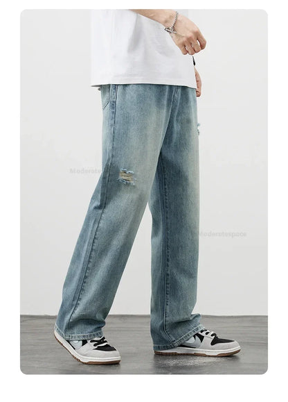 Korea Baggy Jeans Men's Vintage Straight Ripped Y2k Pants Fashion Frayed High Street Distressed Denim Trousers Male Clothes