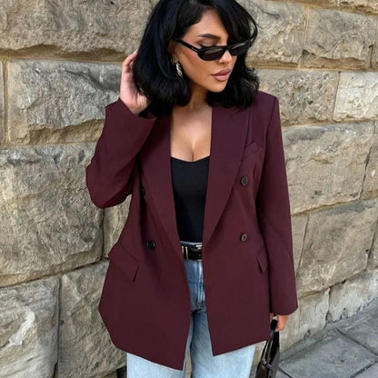 Vintage Wine Red Blazer Jacket Women Fashion Double-Breasted Long Sleeve Suit Jackets Female 2026 New Spring Lapel Office Coat
