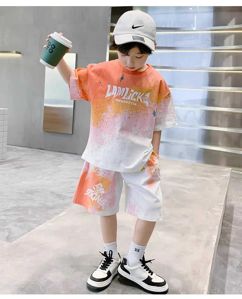 Summer Boys Tie Dye Gradient Alphabet T-Shirt Tops+Shorts Pant Workout Sets School Kids 2PCS Tracksuit Children Outfits 5-16 Yr