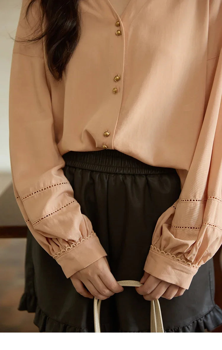 Women's Shirt Lantern Sleeve Hollow Out Tops 2025 Autumn Single Breasted Solid Shirts Lapel Shirt Office Lady MXE41C2359