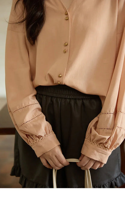 Women's Shirt Lantern Sleeve Hollow Out Tops 2025 Autumn Single Breasted Solid Shirts Lapel Shirt Office Lady MXE41C2359