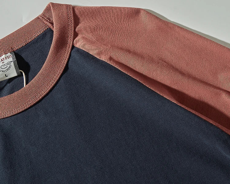 Autumn New American Retro Long Sleeve O-neck Contrast Splicing T-shirt Men's Fashion 100% Cotton Washed Old Casual Sport Tops