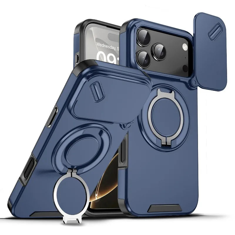 Luxury Heavy Duty Rugged Armor Magnetic Bracket Case For iPhone 17Air 16 15 14 17 Pro Max Plus Slide Camera Protection PC Cover