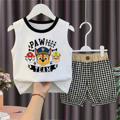 2026 Summer Children's Casual Outfits PAW Patrol Printed Boys Plaid Shorts Sets Kids Sleeveless Vest Bottom Two Piece New