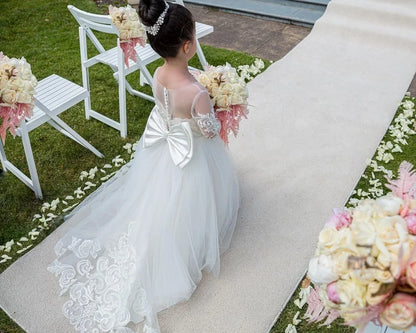 Flower Girl Dresses For Weddings Long Sleeve Lace Tulle Bow Back Children's Elegant Dress vestidos para niñas